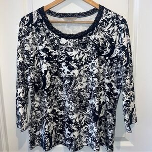 Laura Ashley Black and White Floral Lace-Trim Blouse
